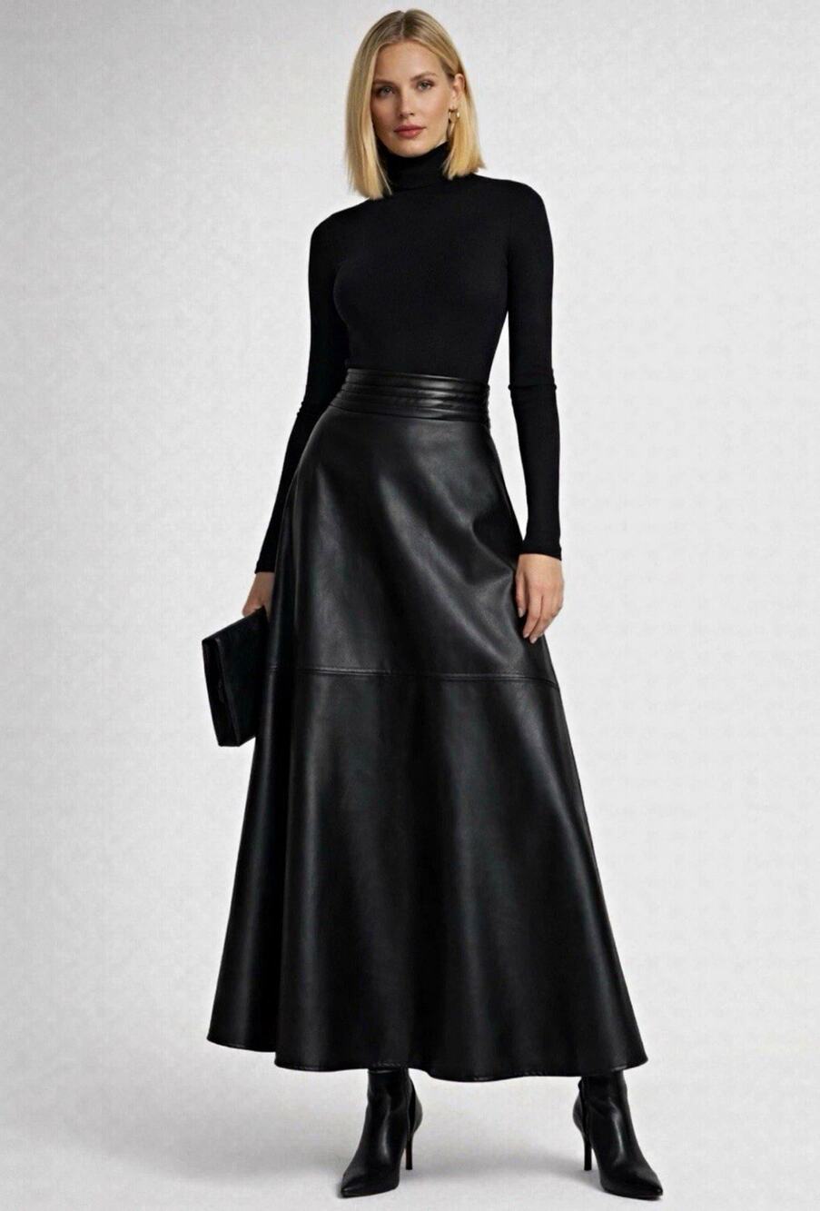Women's Black Faux Leather High Rise Pleated Zip A-Line Long Skirt Solid